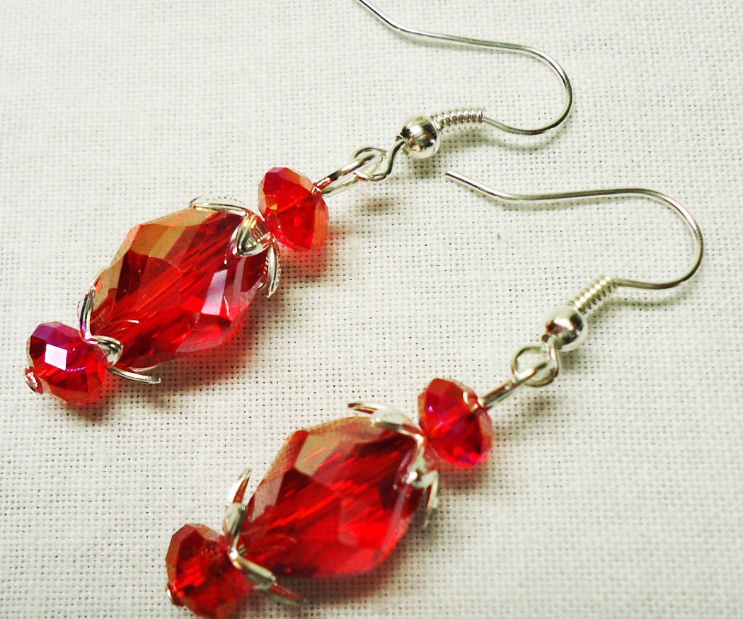 Crystal Earrings Dangle Red Swarovski Bead Capped Barrel