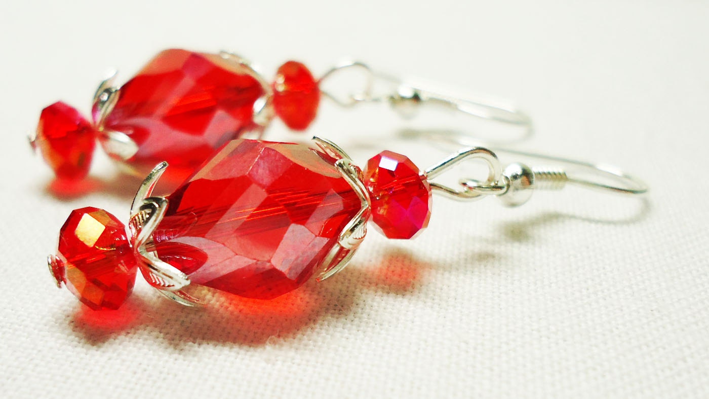 Crystal Earrings Dangle Red Swarovski Bead Capped Barrel