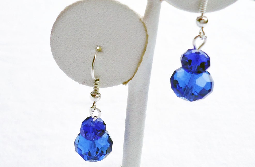 Earrings Dangle Swarovski Crystal Blue with silver ear wires