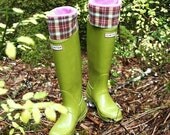 SLUGS Fleece Rain Boot Liners Hot Pink with a Girly Plaid Pattern Cuff, Boot Socks, Winter Fashion, Gift For A Gardener (Med/Lg 9-11 Boot)