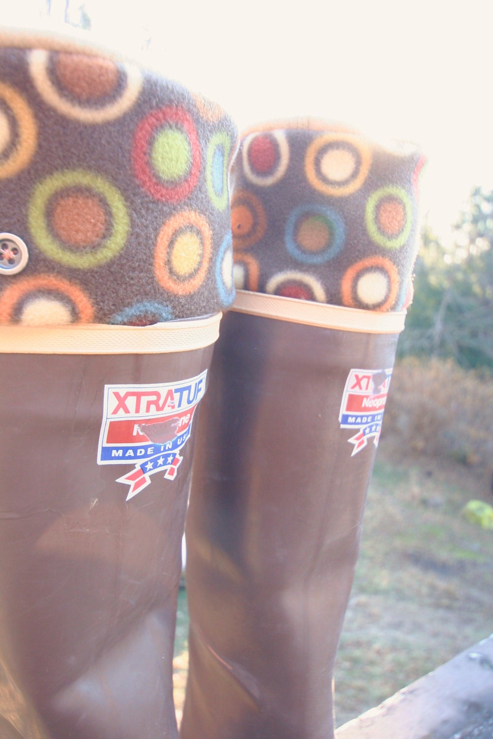 SLUGS Fleece Rain Boot Liners Tan, Neutral Geometric Circle Pattern Cuff, Spring Fashion, Rainy Day Style,  (Sm/Med 6-8 Boot)