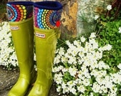 Mothers Day Gift SLUGS Fleece Rain Boot Liners Navy In Neon Rainbow Geometric Cuff, Spring Summer Fashion, Gardening Style (Sm/Med 6-8 Boot