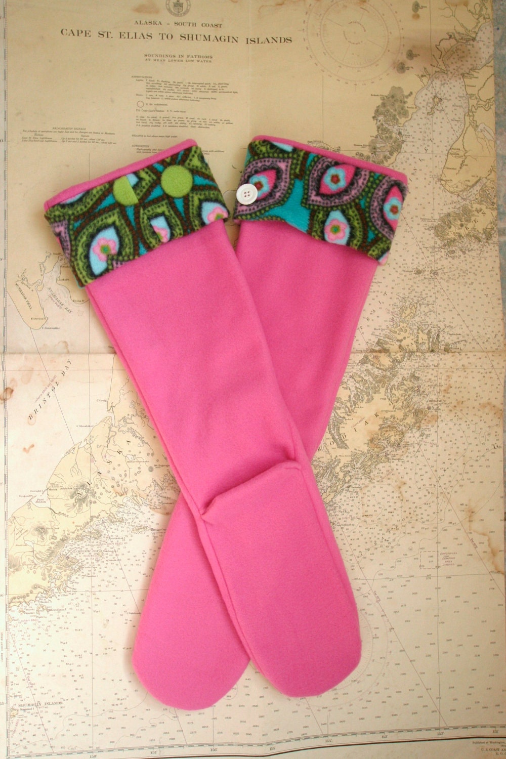 SLUGS Fleece Rain Boot Liners Hot Pink with a Neon Paisley Pattern Cuff, Fleece Socks, Spring Winter Fashion, Boot Socks (Sm/Med 6-8 Boot)