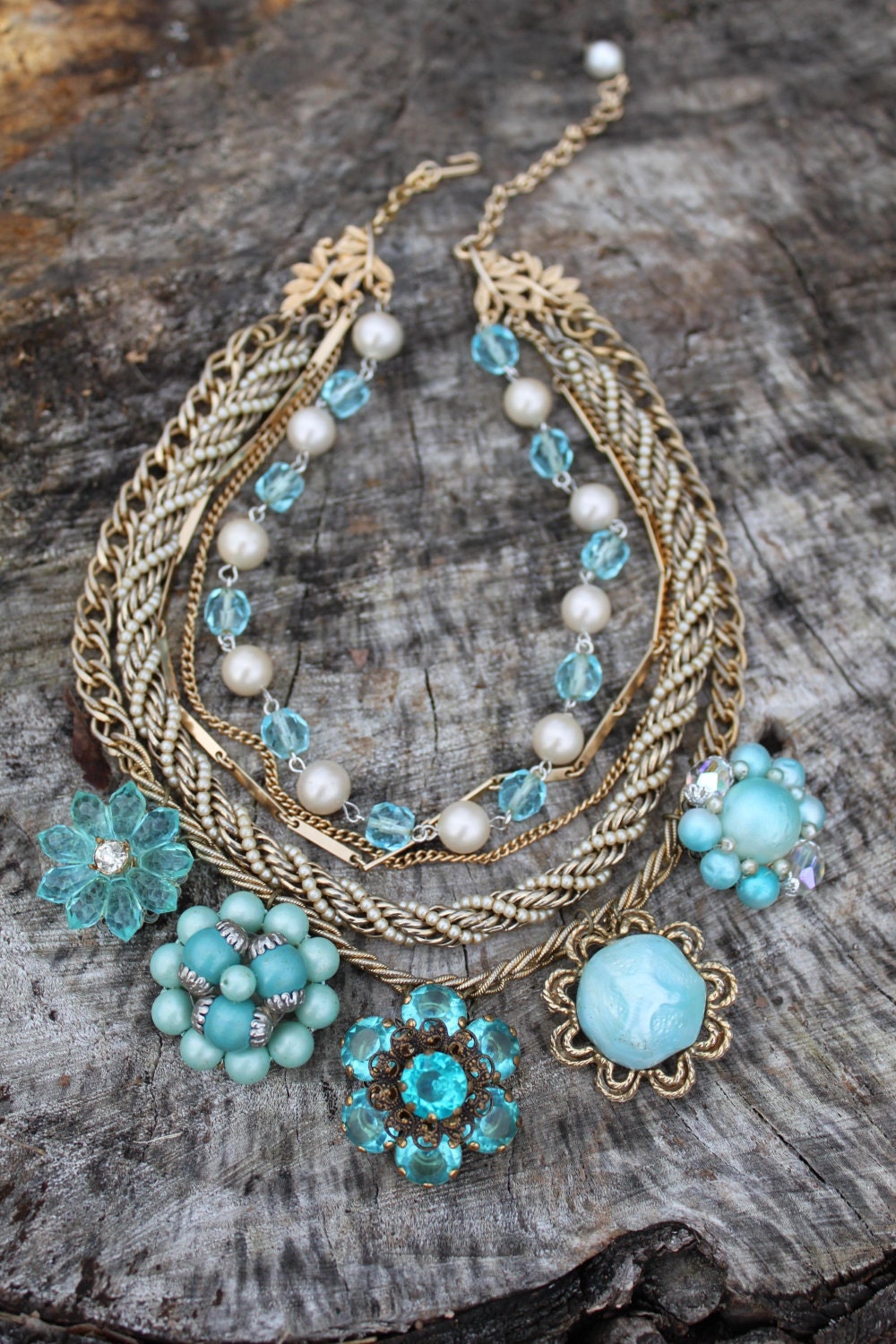 Repurposed Vintage Blue Necklace Assemblage Sassy Sisters OOAK --Blue Sky
