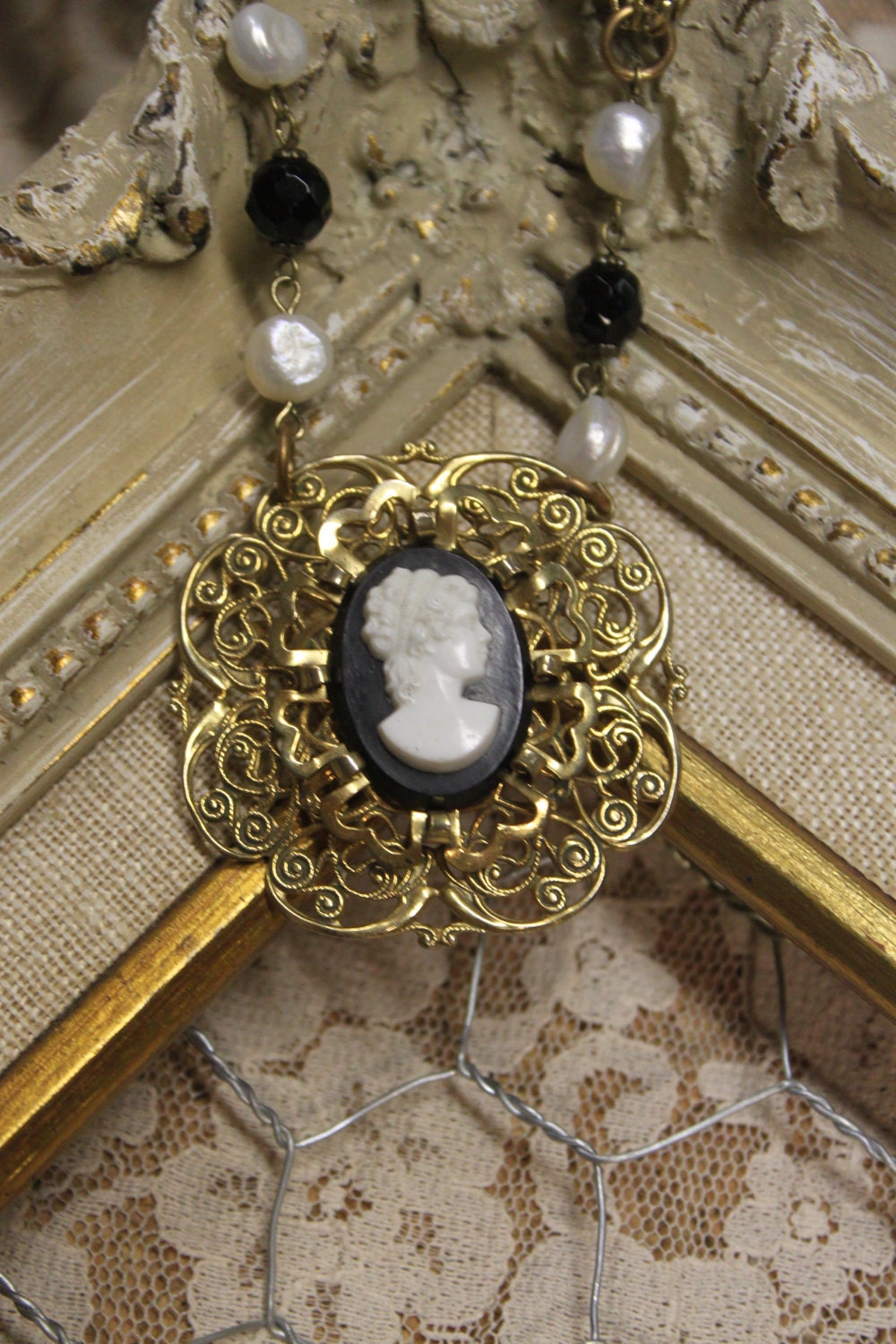 Vintage Assemblage Cameo Necklace One of a Kind Sassy Sisters