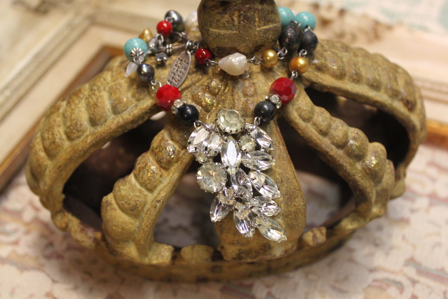 SALE Vintage Assemblage Pearl and Rhinestone Necklace Brilliant