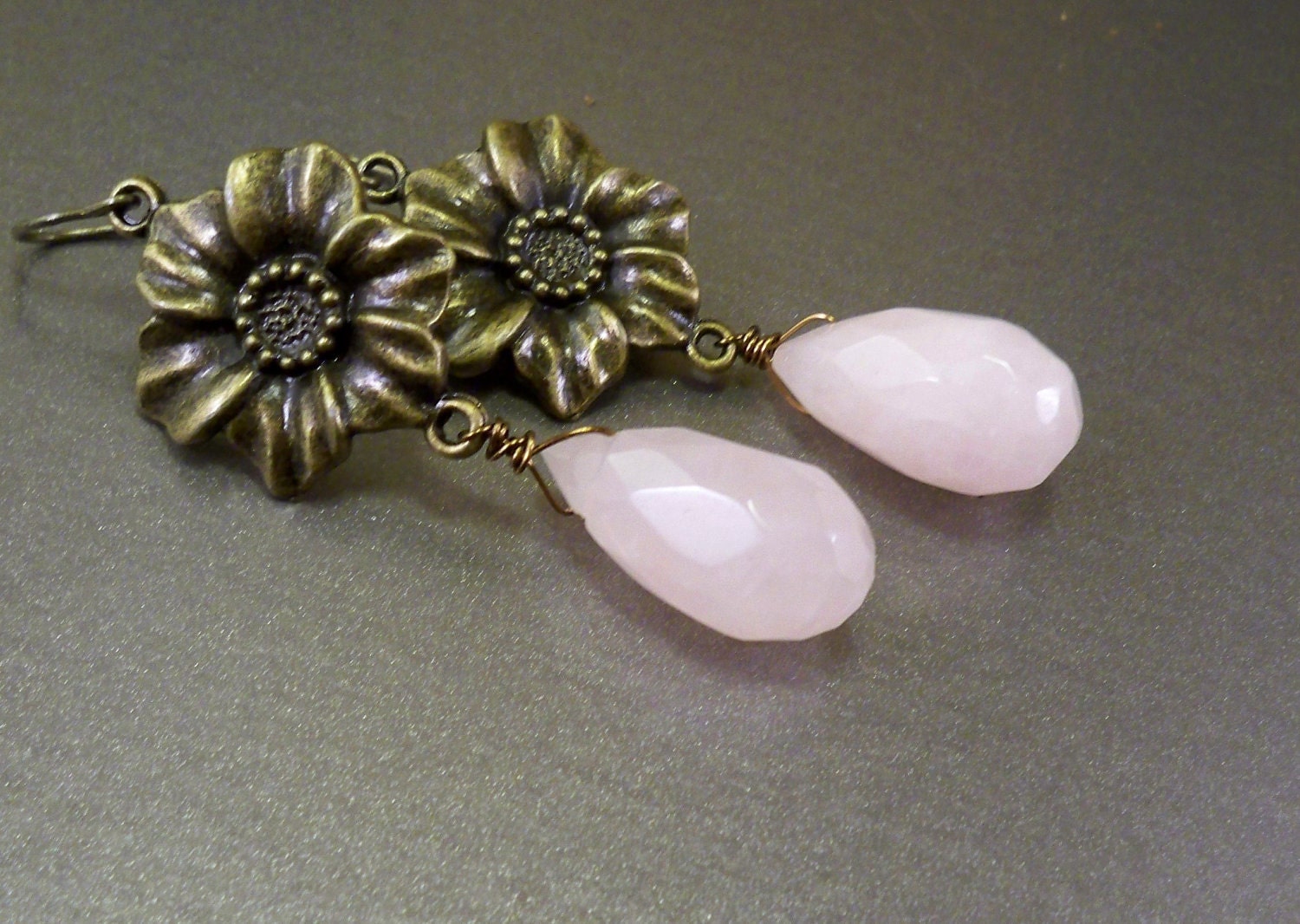 Teardrop earrings: natural rose quartz and antique bronze flower earrings, pink, long earrings handmade Christmas fashion by NatureLook