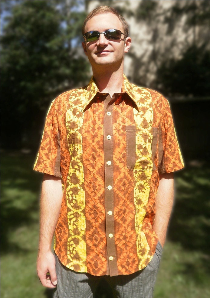 Designer OOAK hand dyed cotton men shirt with short sleeves - Yellow / Orange / Brown