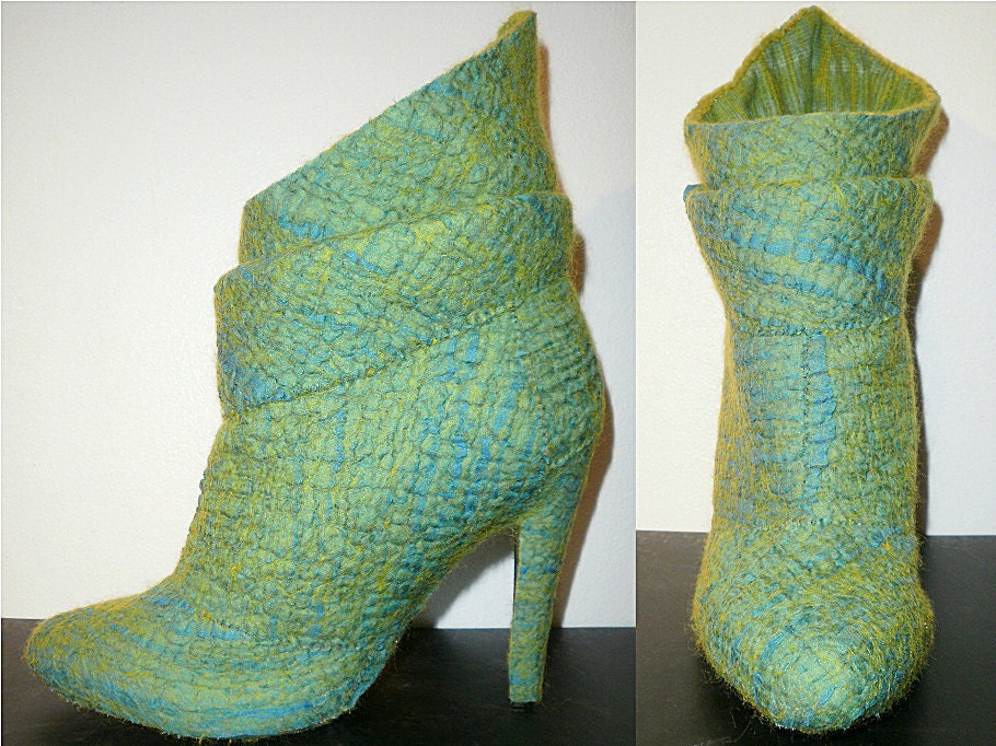 Designer ankle boots covered with nuno felt OOAK - Metamorphosis 1 - Green Blue