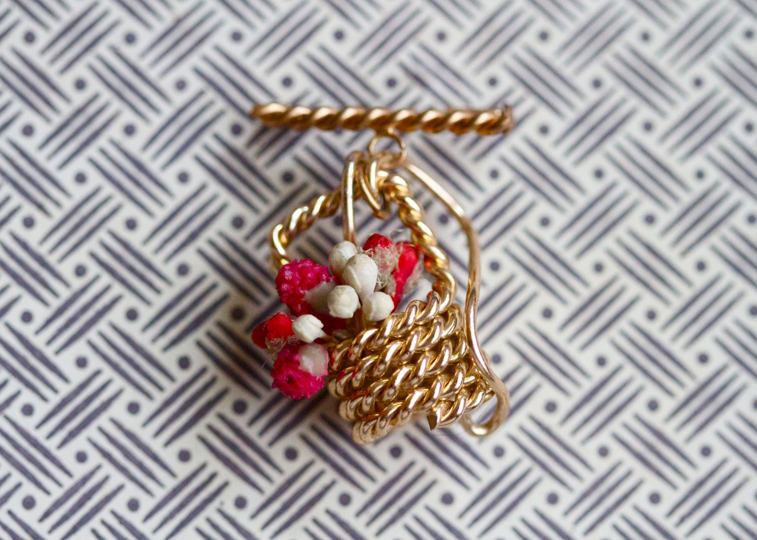 Dangly Golden Basket with Flowers - Unusual Brooch
