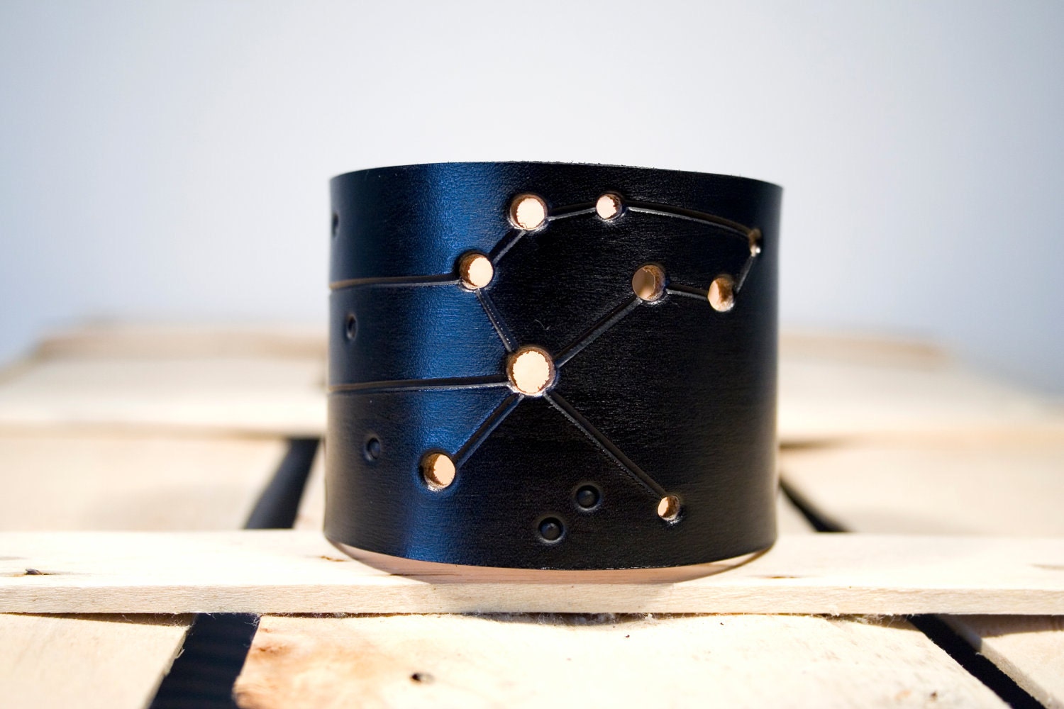 Mens leather cuff Leo constellation black wristband