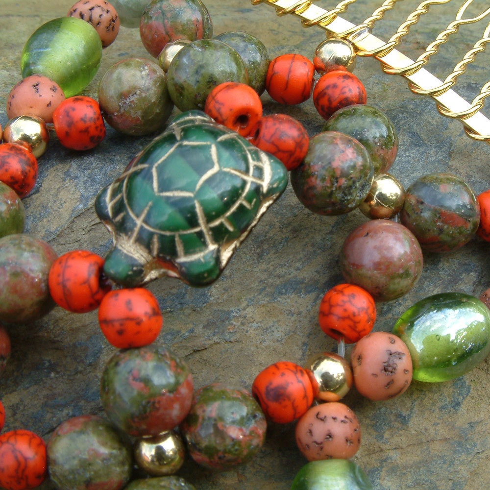 Handmade Hair Comb - Czech Glass Turtle - Green and Orange - Semi Precious - Racing Green