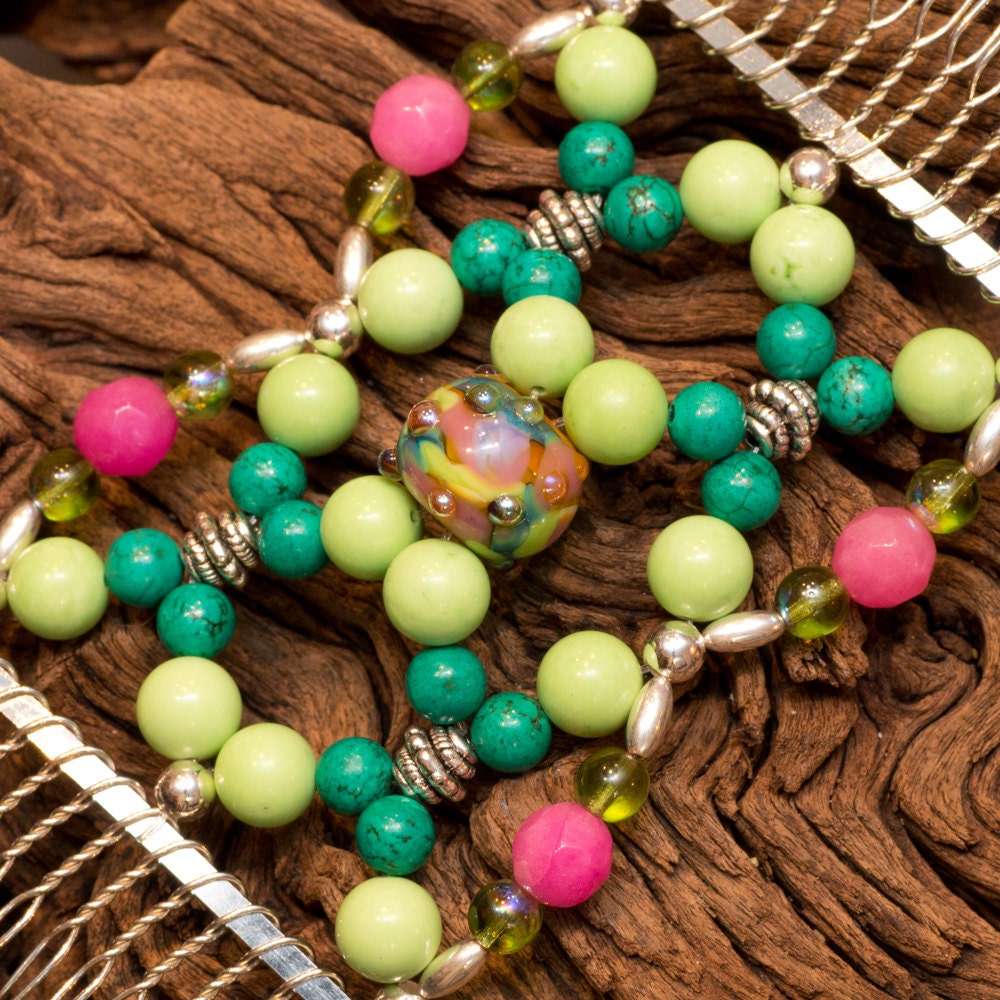 Handmade Hair Comb - Pink, Green & Turquoise - Semi-Precious stones - Divalicious