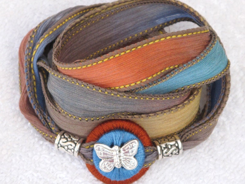 Silk Ribbon Whirly Wrap Bracelet with silver butterfly Hand-painted Watercolor
