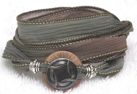 Silk Whirly Wrap Bracelet in slate sand and earth with a silver Celtic love knot  neutral colors elegant