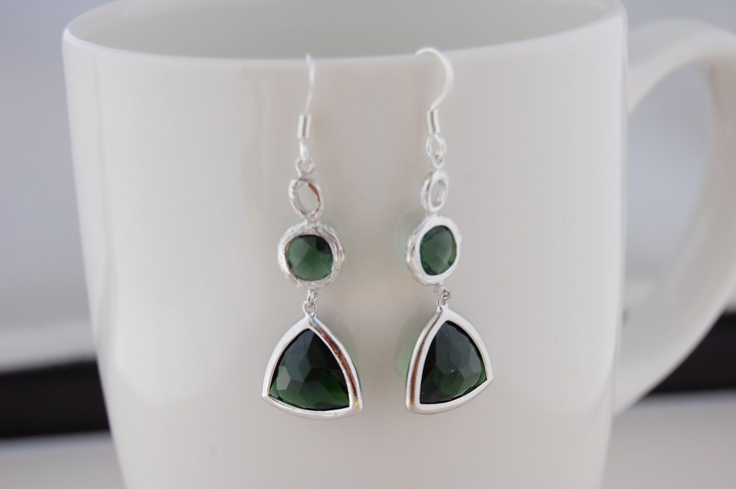 Silver, emerald green glass long drops
