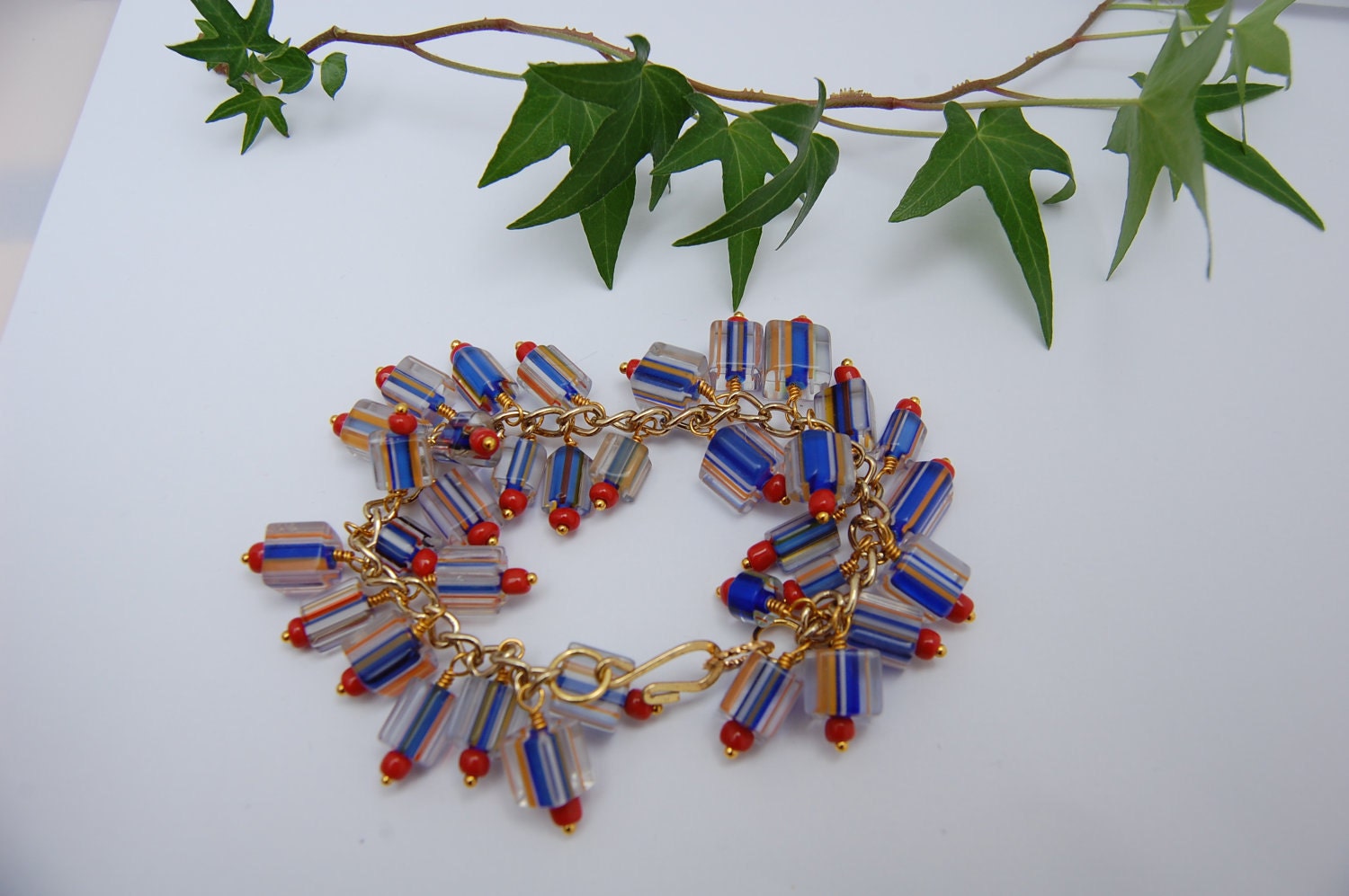 Blue and orange furnace glass gold bracelet