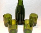 Recycled Green Wine Bottle Carafe and FOUR (4) Stemless Wine Glasses