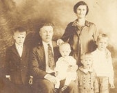 Vintage 5x7 Photo - Great Family Portrait, Mother, Father w. Light Eyes and Buzz Cut, 3 Sons, & Baby Daughter, sepia tone - c. early 1900s