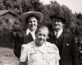 ON SALE Vintage Photo - Family of 3 on a Sunny Day - Mom, Dad, Daughter, Wide Brimmed Sun Hat, Housedress, Wizened Old Character - 1940s
