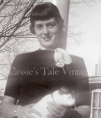 ON SALE - Vintage Photo, 1944 - Girl w. Short Hair in Neck Scarf & (Fake) Little Dog, Funny Pseudo Glamour Shot - 1940s