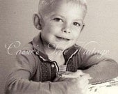 Vintage Photo - Cute Little Blonde Boy  Holding a Pen & Leaning on a School Workbook, Looks Like Valentines Day - c. 1940s-1950s