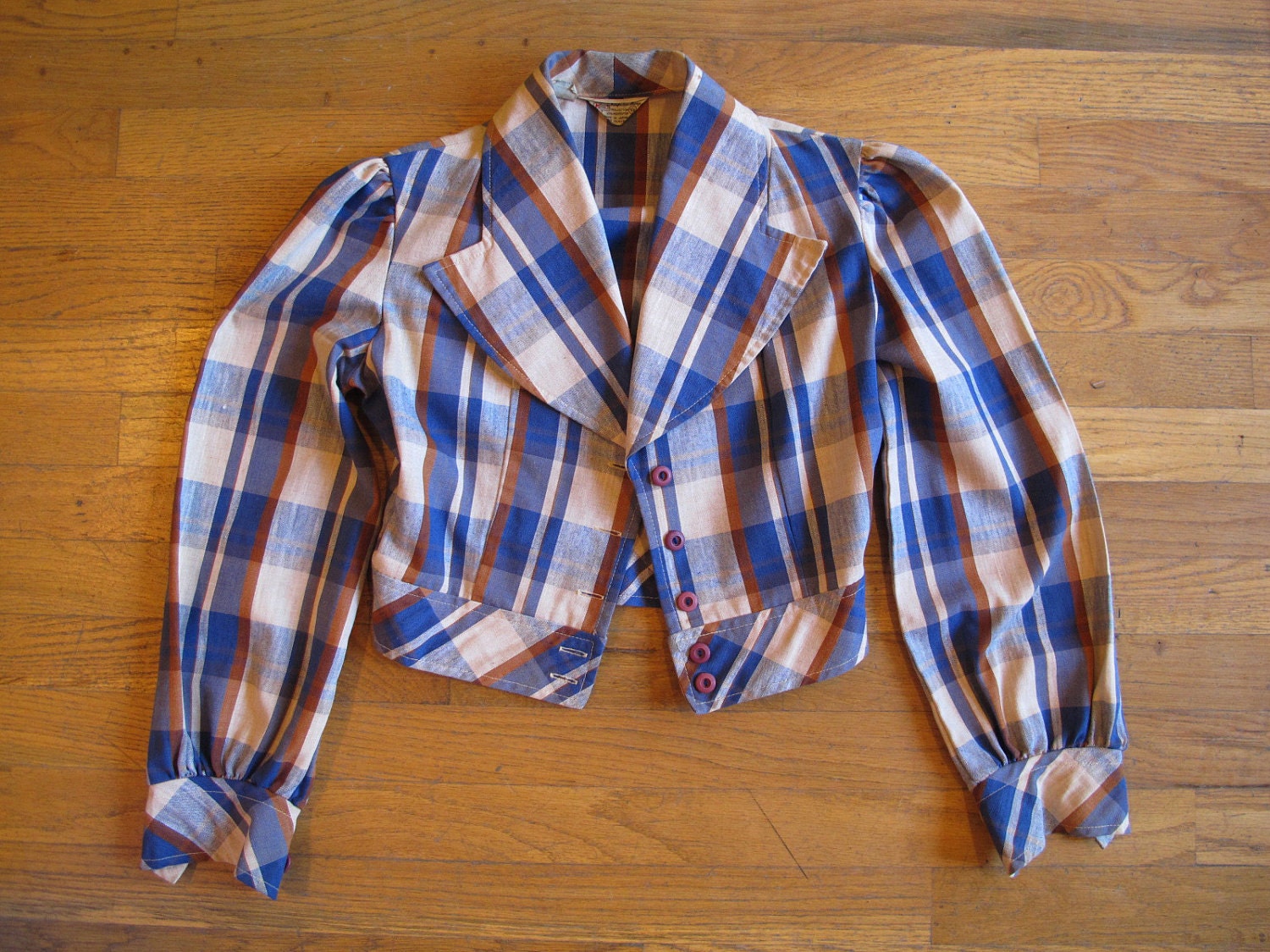 Blue and Tan Plaid Cropped Jacket