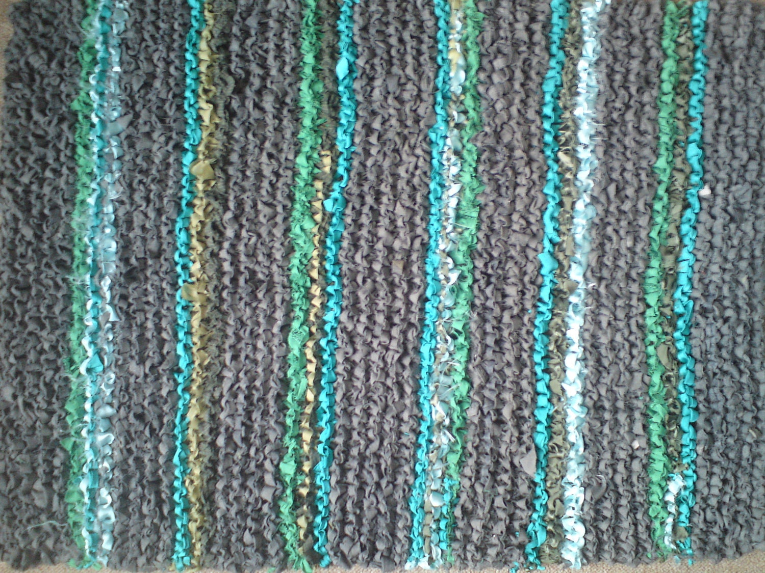 Rag Rug - Handmade  Recycled Gray/Green Knitting, Upcycled home decor.
