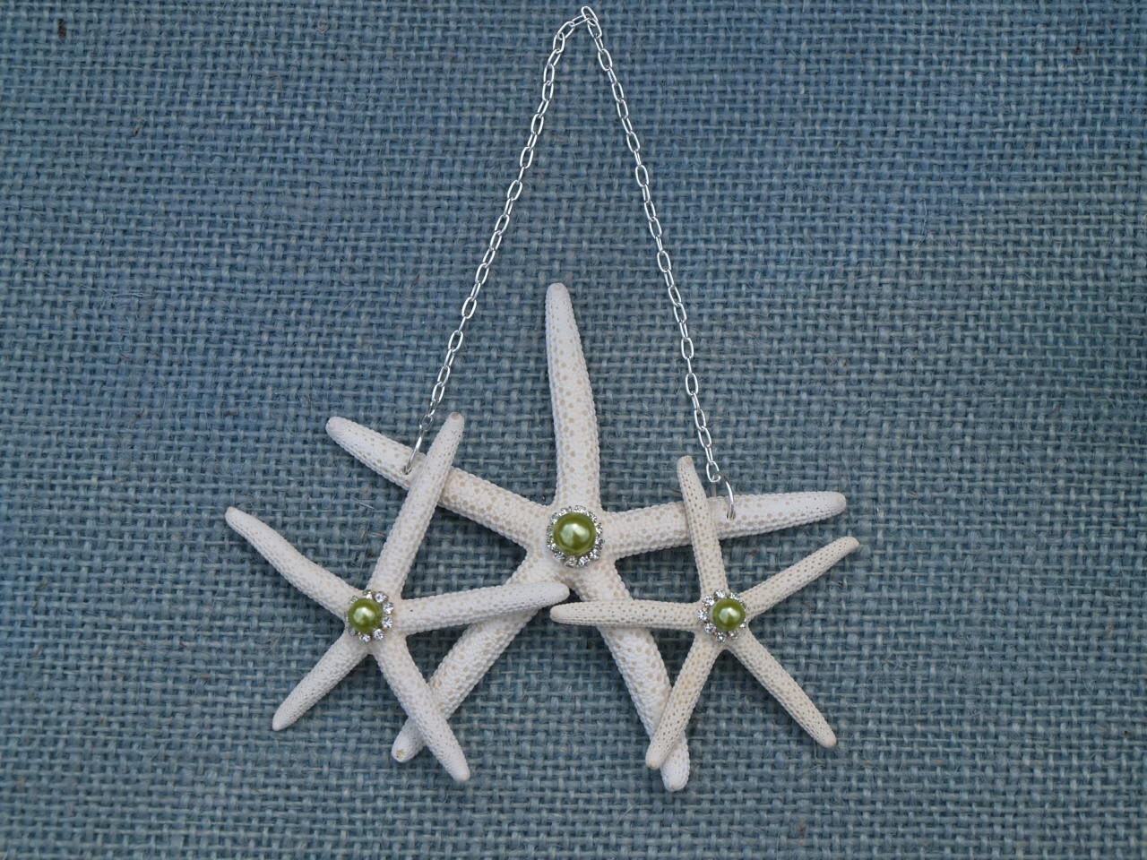 Starfish Wine Bottle Necklace / Door Hanger Ornament (3 Starfish with Green Pearls)