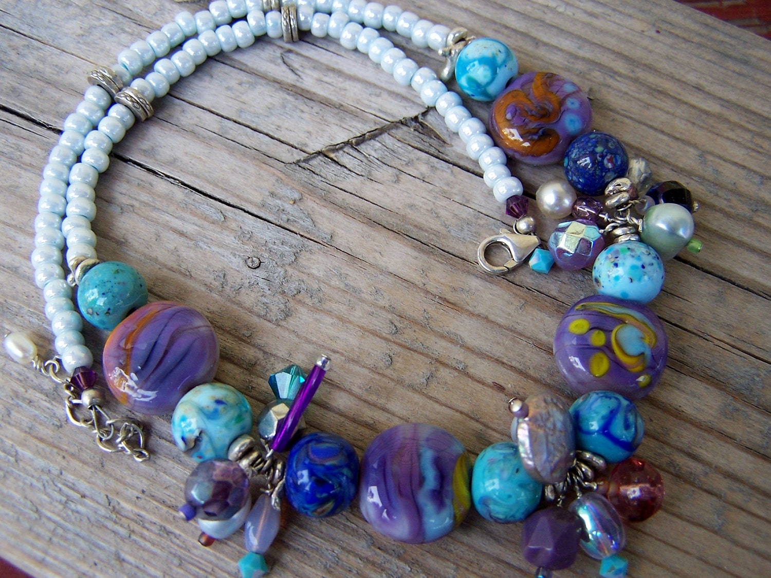 OOAK Lampwork, Silver, and Pearl Cluster Necklace