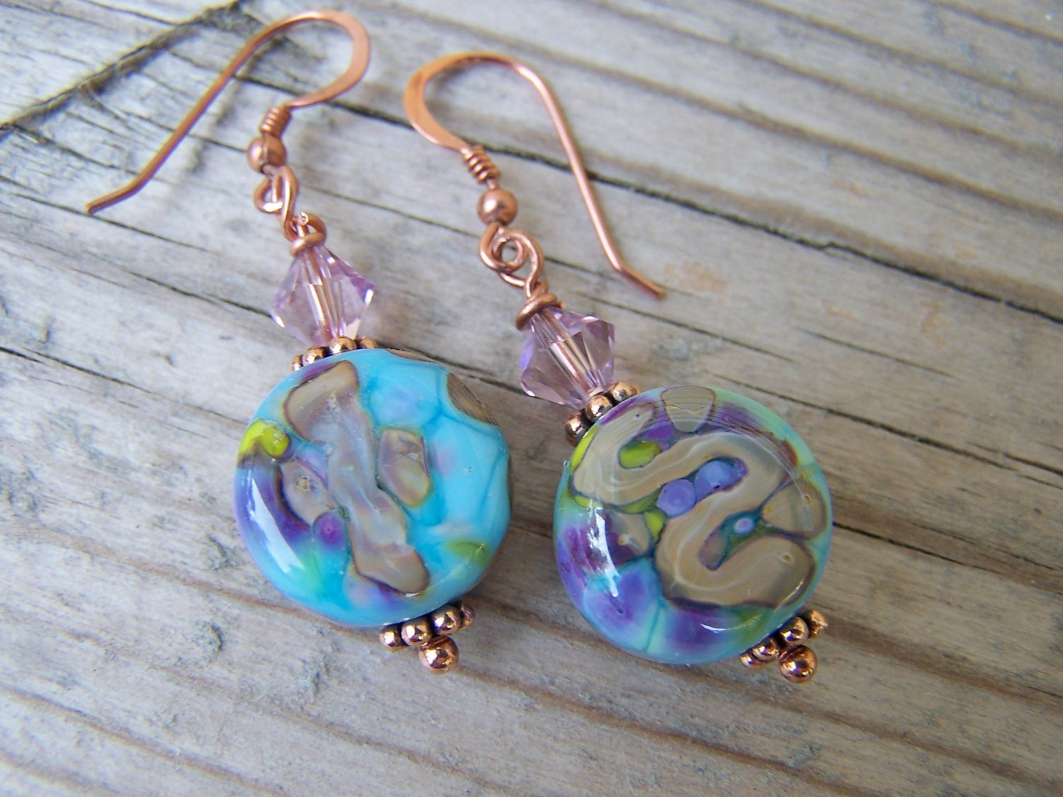 Artisan Lampwork Copper and Swarovski Earrings