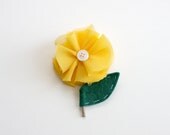 Boutonniere- Sunshine Bloom- chiffon flower with button sewn felt and wire