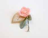 Boutonniere- Sweetheart Flower- felt flower with lambs ear leaves lace and rustic burlap
