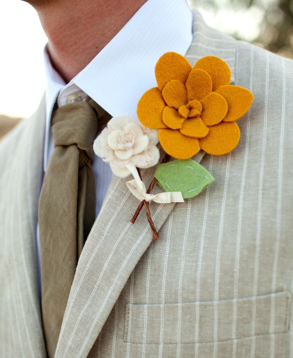 Boutonniere- Blossoming Love- felt flowers with wire and ribbon