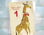 First Birthday Party Invitation - Giraffe - Vintage Barkcloth Design - Set of 10 Ready to Ship