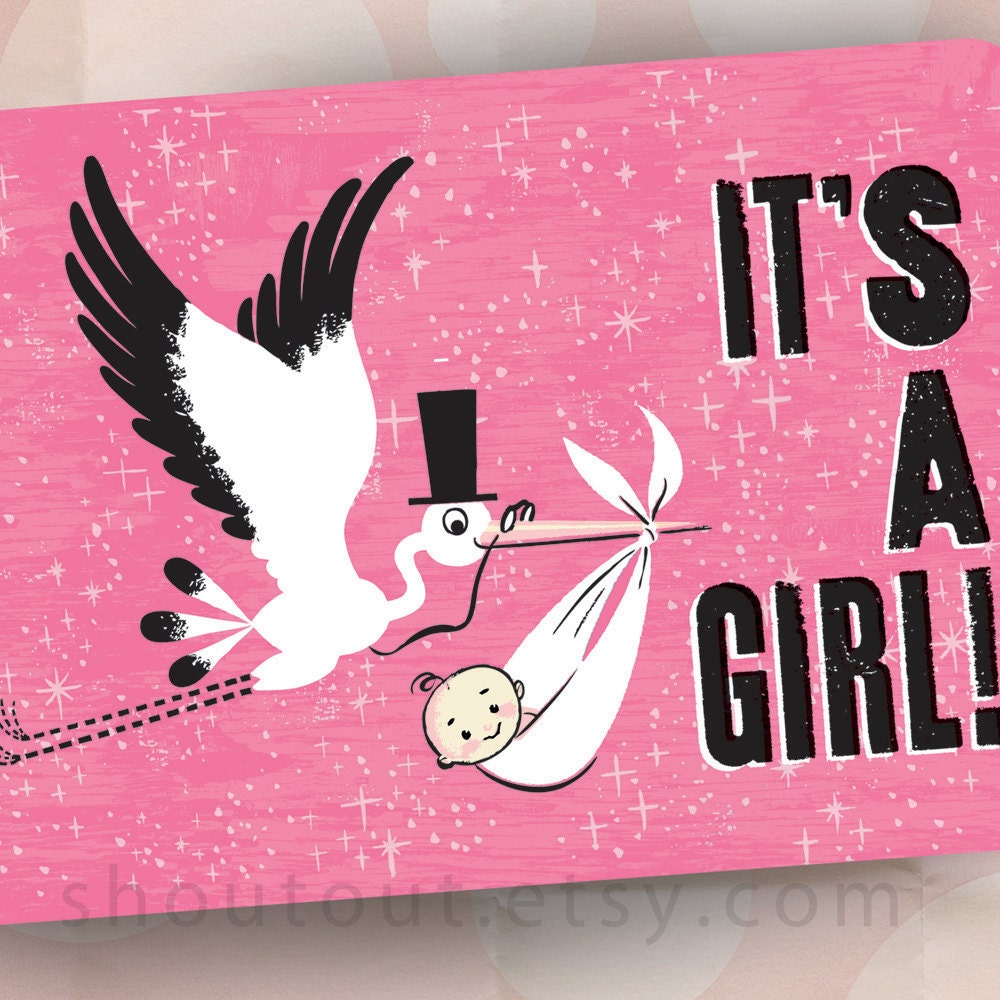 Personalized Birth Announcements - Retro Stork Visit - Baby Girl - Pink - Set of 100