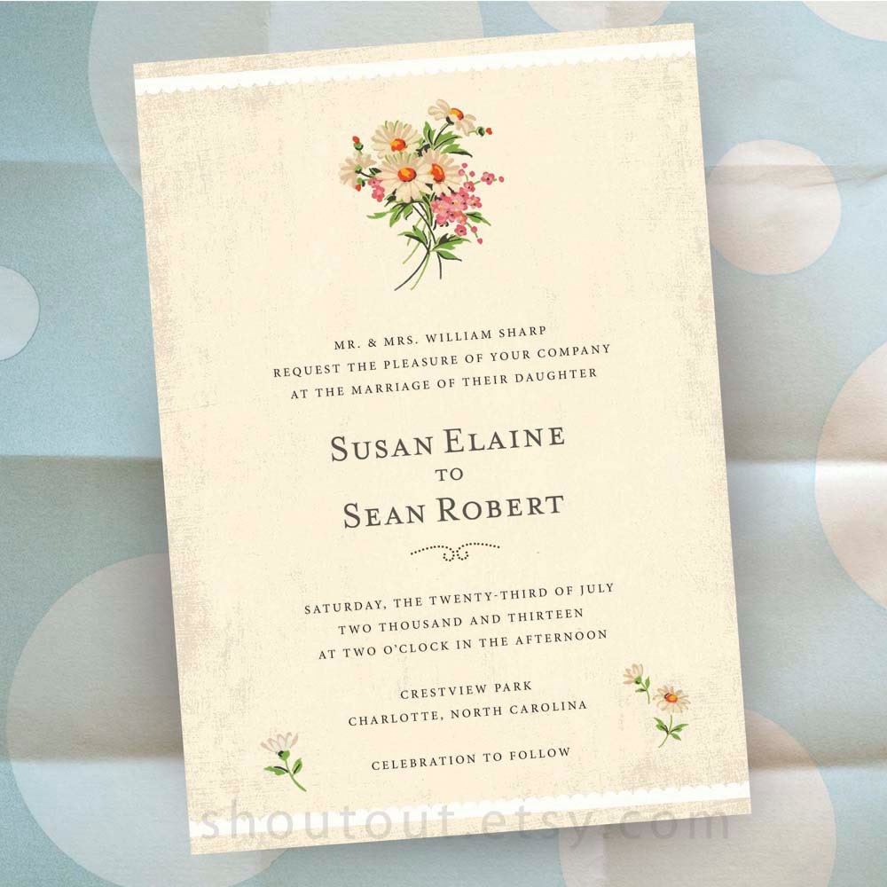 Personalized Floral Wedding Invitations - Flower Garden Theme - Vintage Fabric Image