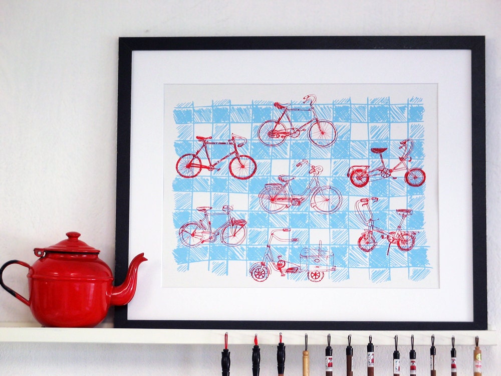 Vintage French Bicycles Hand printed poster - A visual history of classic old world bikes - Une petite histoire du vélo A3 art print.