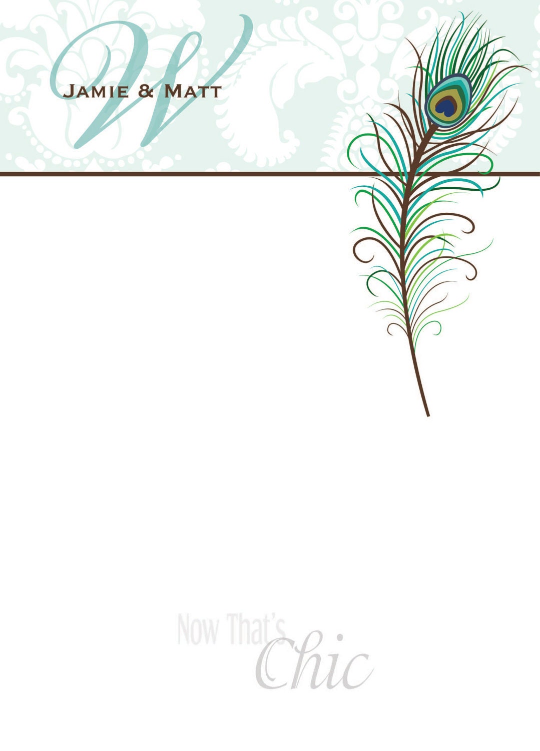 Personalized Stationary-Peacock Feather and Teal Damask- Print From Home-Digital File - Customizable