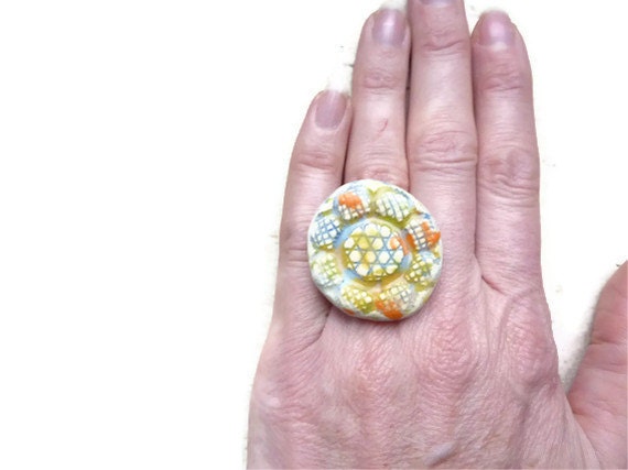 Ceramic Ring Adjustable Nickel free in blue, yellow, cream and orange