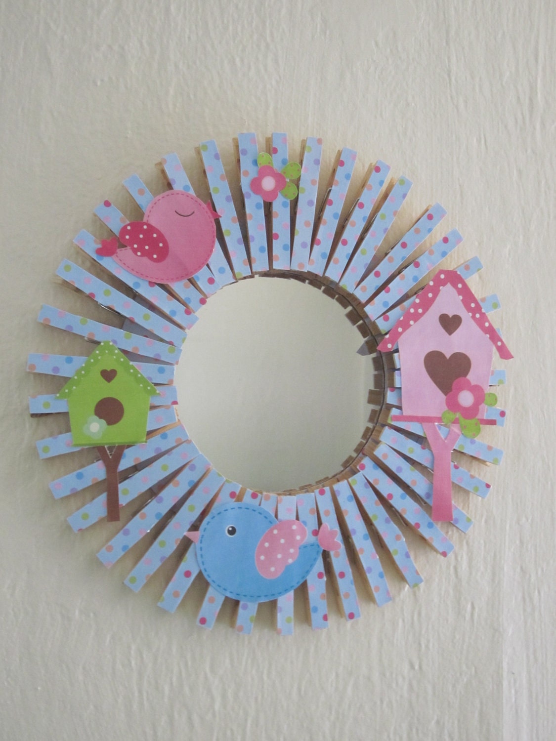 Childrens Mirror Nursery Mirror Clothespin Mirror Birds and Birdhouse Theme
