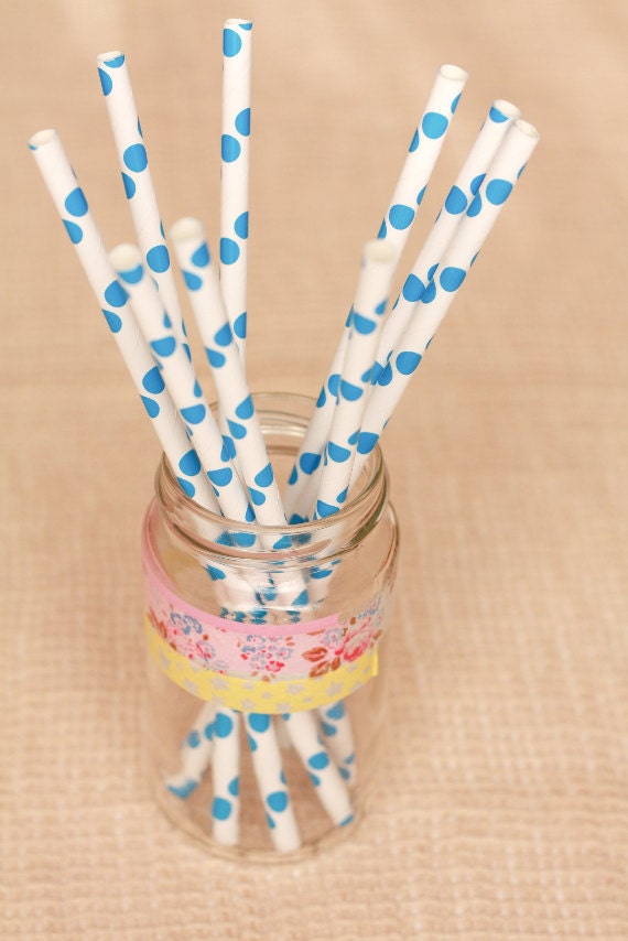15 Cannucce a pois azzurri - 15 Blue Polka Dot Paper Straws