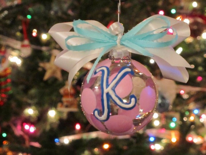 Custom Monogrammed Hand Painted Polkadot Ribbon Glass Ornament Size Medium