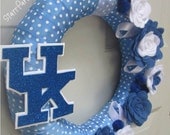 University of Kentucky Wreath UK Blue White Polkadot Ribbon Fall Rose Style Felt Flower 12"