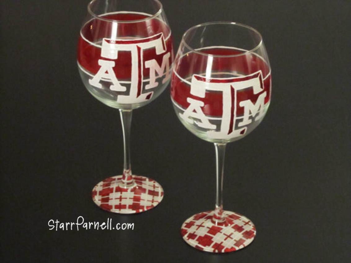 Texas A&M Wine Glass Custom Hand Painted Plaid Stripe Style or Polkadots