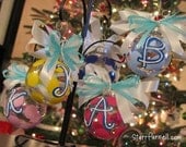 Custom Monogrammed Hand Painted Polkadot Ribbon Glass Ornament Size Small
