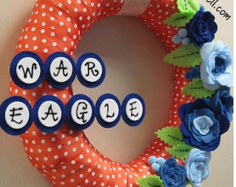 Auburn Wreath Blue Felt Roses and Orange Polkadot Ribbon Wreath War Eagle 12"