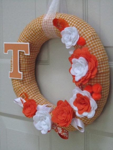 University of Tennessee Wreath UT Orange White Gingham Ribbon Fall Rose Style Felt Flower 12"
