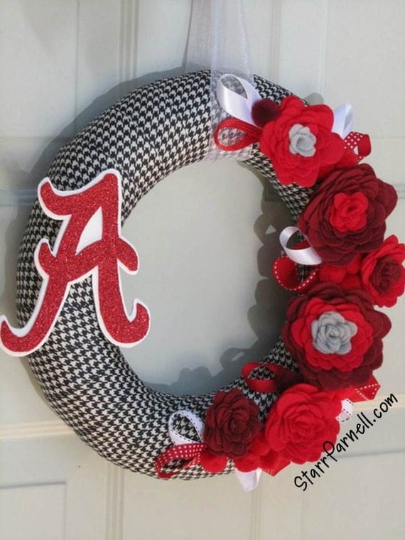 University of Alabama Wreath Fall Houndstooth Rose Style Roll Tide Ribbon Felt Flower Wreath 12"