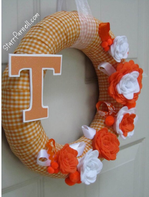 University of Tennessee Wreath UT Orange White Gingham Ribbon Fall Rose Style Felt Flower 12"